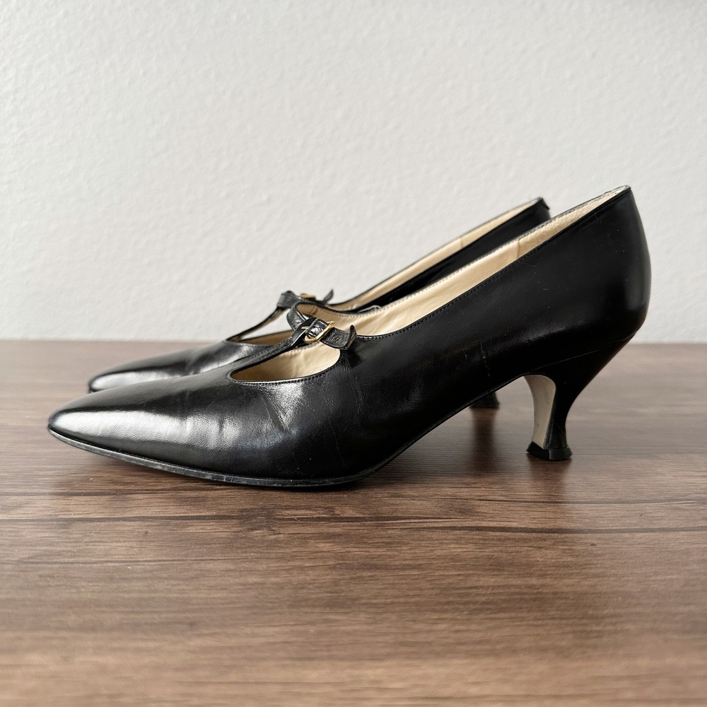 Etienne Aigner Retro Leather Black T-Strap Athena Heels‎ Women's Size 7M